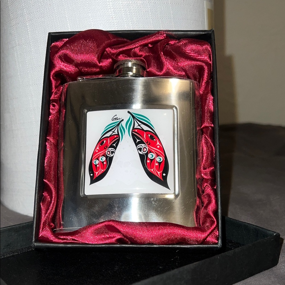 Stainless Steel Flask with PNW Coast Native Design by Gene Suyu.